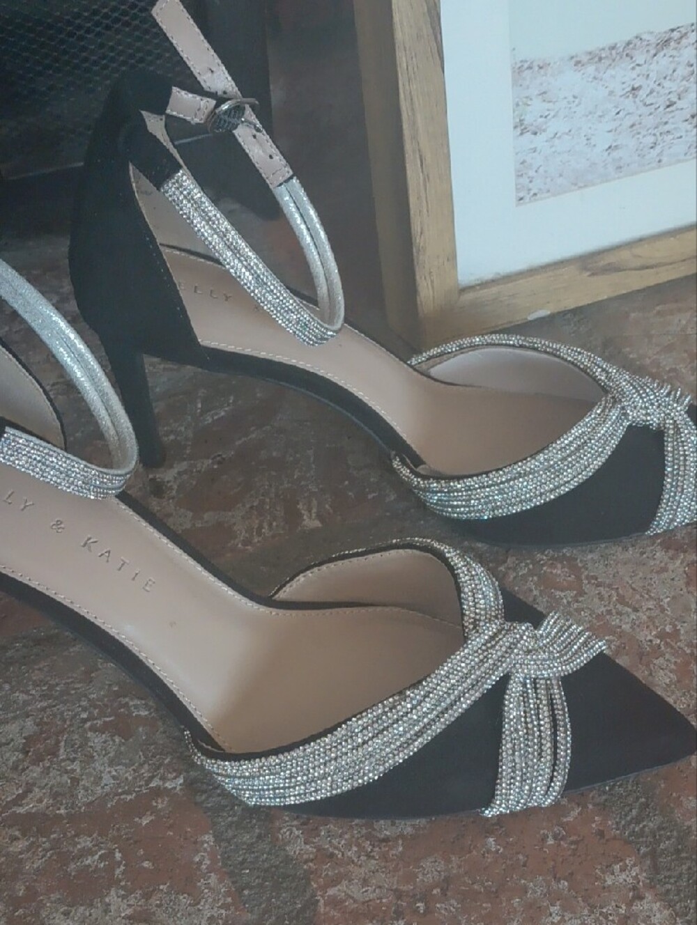 Kelly & Katie Black Pointed-Toe Heels with Silver Crystal Straps - Picture 8 of 9